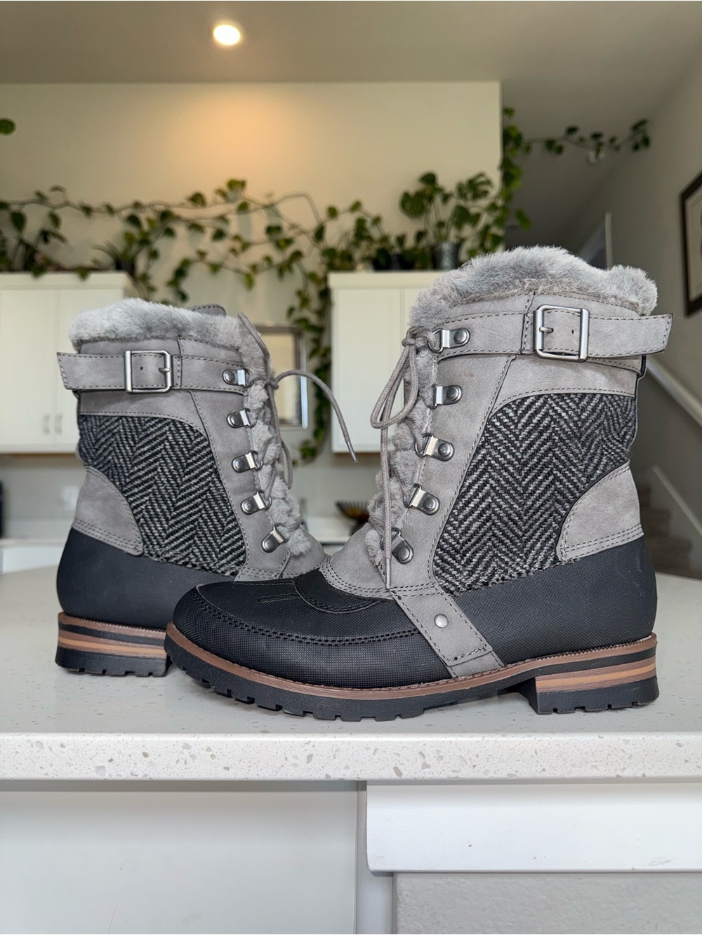 Rock & Candy Gray and Black Lace-Up Winter Boots with Faux Fur Trim